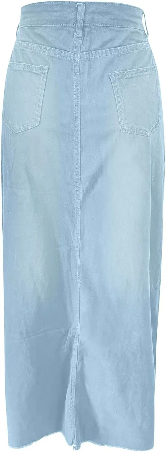 Long Denim Skirts for Women with Pockets Casual High Waisted Stretch Pencil Maxi Jean Skirt
