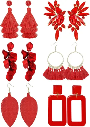 LOYALLOOK 6Pairs Hot Pink Earrings Raffia Drop Statement Earrings for Women Long Tassel Dangle Earrings Rose Petal Floral Tassel Earrings Rhinestone Square Cluster Drop Dangle Earrings