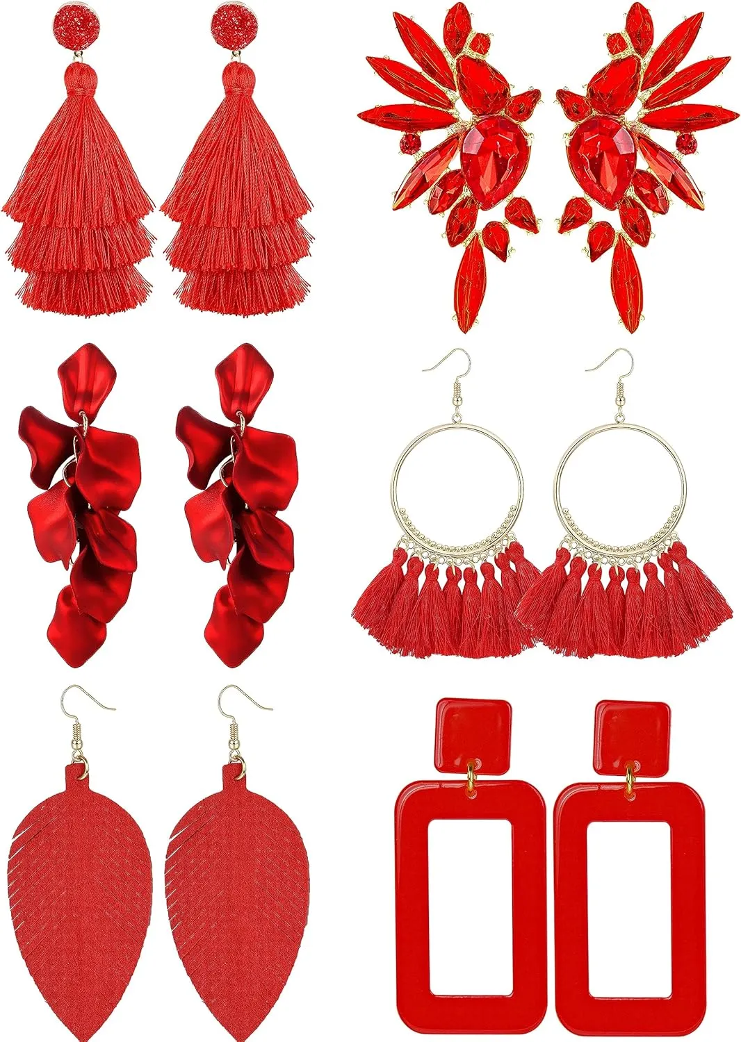 LOYALLOOK 6Pairs Hot Pink Earrings Raffia Drop Statement Earrings for Women Long Tassel Dangle Earrings Rose Petal Floral Tassel Earrings Rhinestone Square Cluster Drop Dangle Earrings