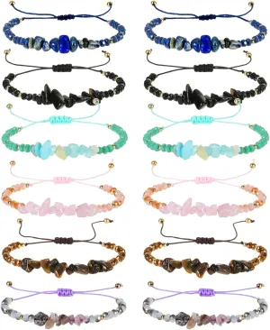 LUBINGSHINE 12 Pieces Natural Chip Stone Bracelets, Adjustable Friendship Bracelets Jewelry Gifts for Women Men, Crystal Chip Stones Adjustable Bracelet