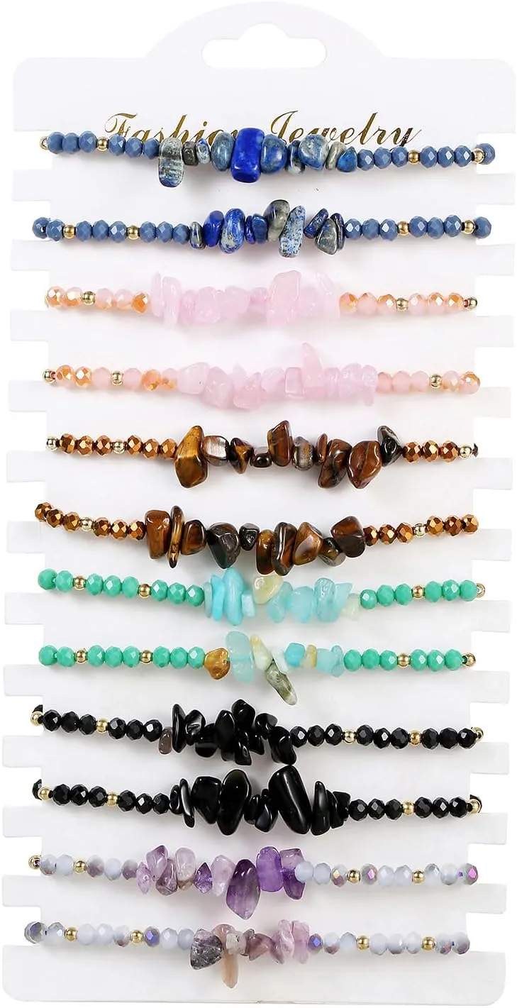 LUBINGSHINE 12 Pieces Natural Chip Stone Bracelets, Adjustable Friendship Bracelets Jewelry Gifts for Women Men, Crystal Chip Stones Adjustable Bracelet