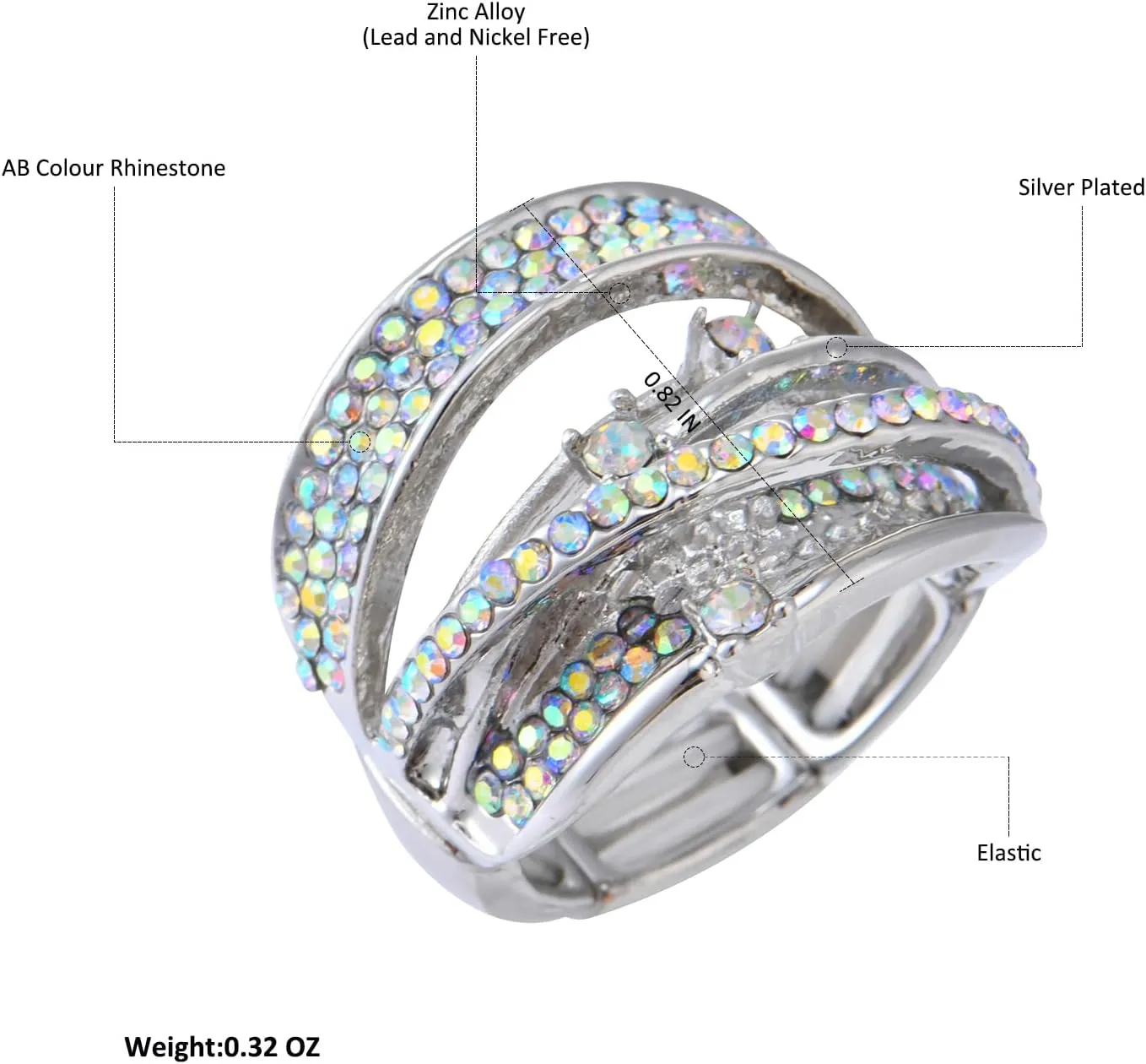 Luxurious Fashion Silver/Gold/Gun Black Plated Rhinestone Crystal Elastic Adjustable Stretch Adjustable Costume Cocktail Rings for Women