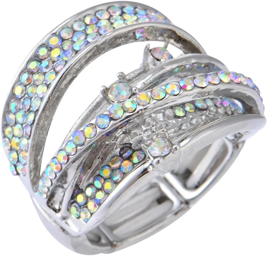 Luxurious Fashion Silver/Gold/Gun Black Plated Rhinestone Crystal Elastic Adjustable Stretch Adjustable Costume Cocktail Rings for Women