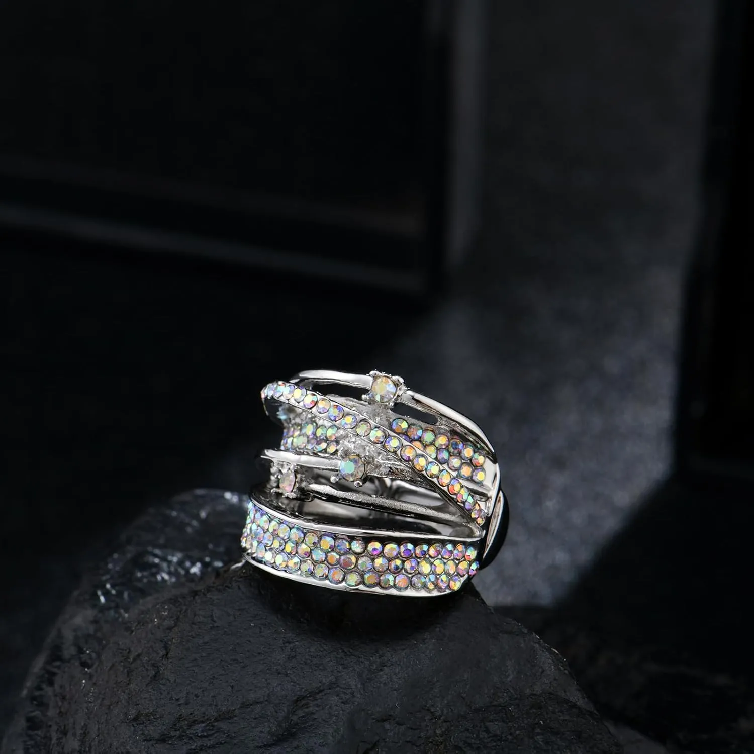 Luxurious Fashion Silver/Gold/Gun Black Plated Rhinestone Crystal Elastic Adjustable Stretch Adjustable Costume Cocktail Rings for Women
