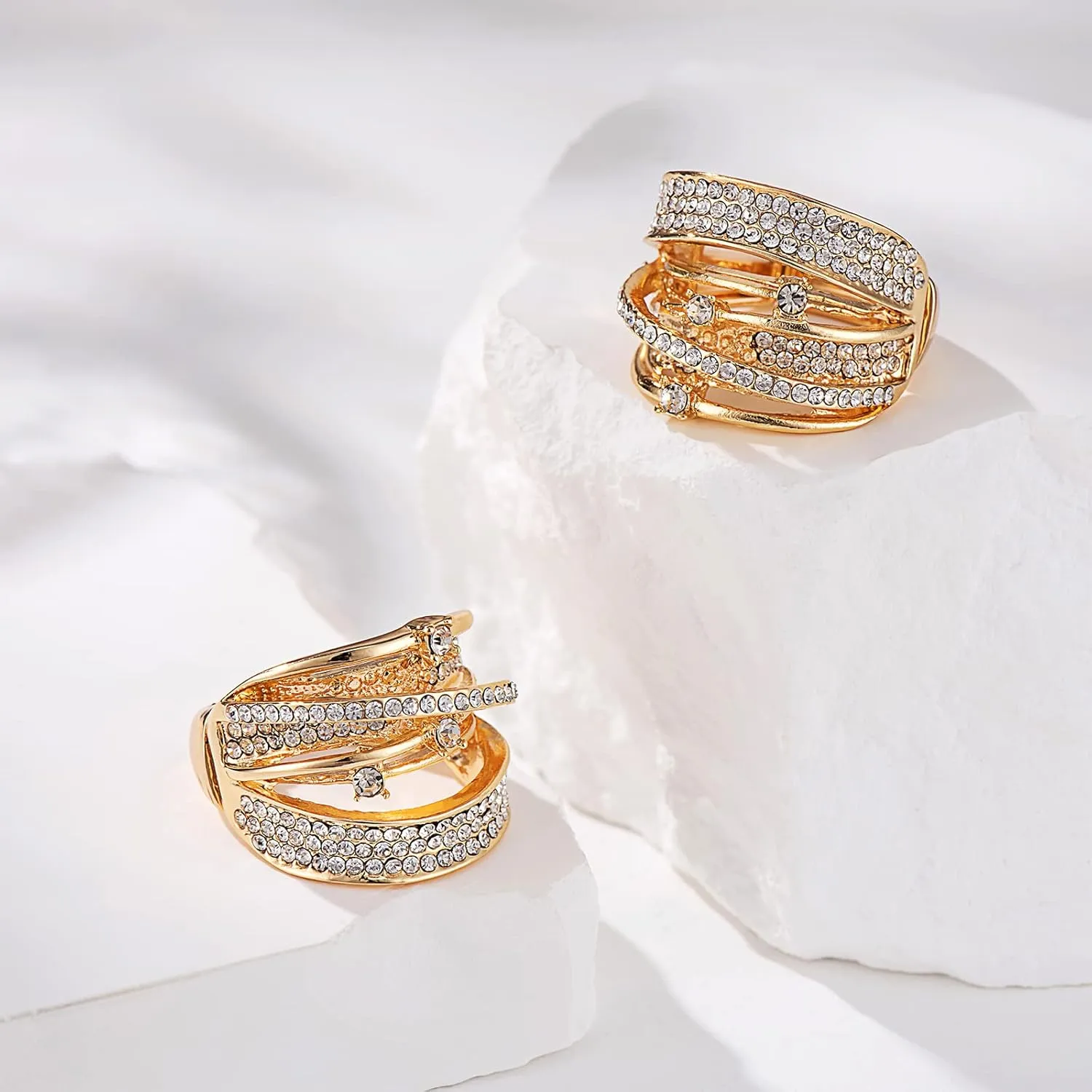 Luxurious Fashion Silver/Gold/Gun Black Plated Rhinestone Crystal Elastic Adjustable Stretch Adjustable Costume Cocktail Rings for Women