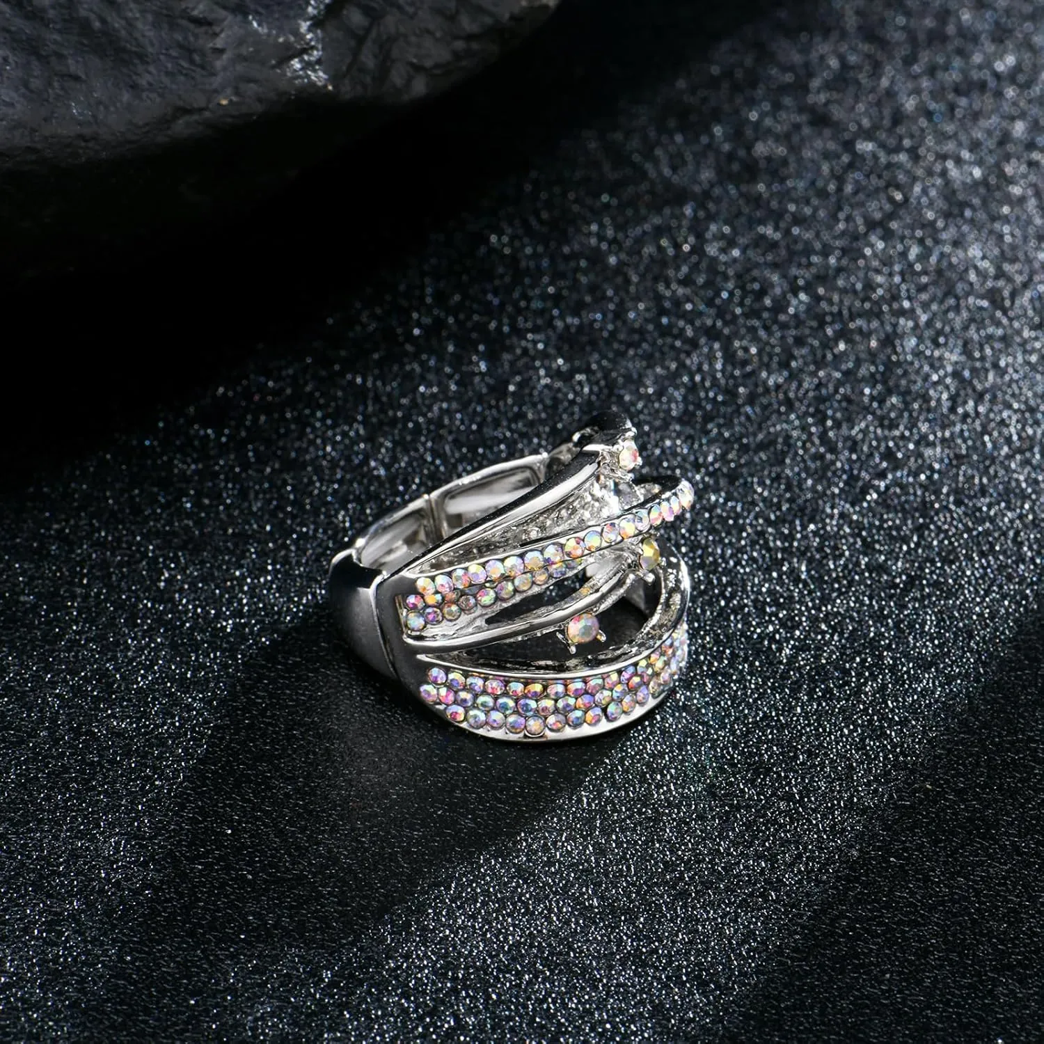 Luxurious Fashion Silver/Gold/Gun Black Plated Rhinestone Crystal Elastic Adjustable Stretch Adjustable Costume Cocktail Rings for Women