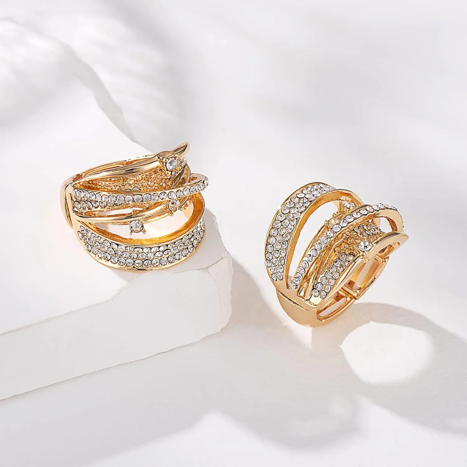 Luxurious Fashion Silver/Gold/Gun Black Plated Rhinestone Crystal Elastic Adjustable Stretch Adjustable Costume Cocktail Rings for Women