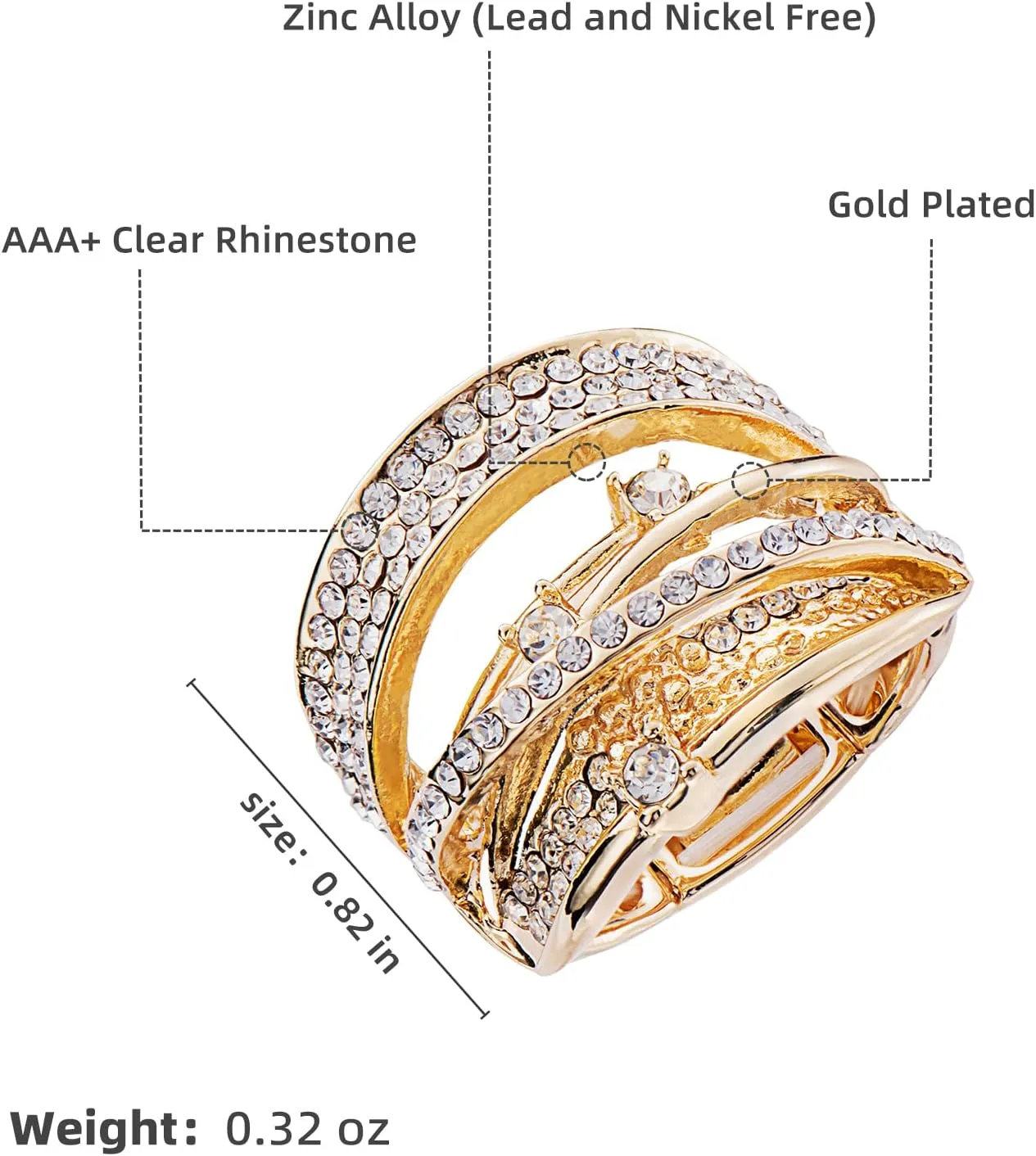 Luxurious Fashion Silver/Gold/Gun Black Plated Rhinestone Crystal Elastic Adjustable Stretch Adjustable Costume Cocktail Rings for Women