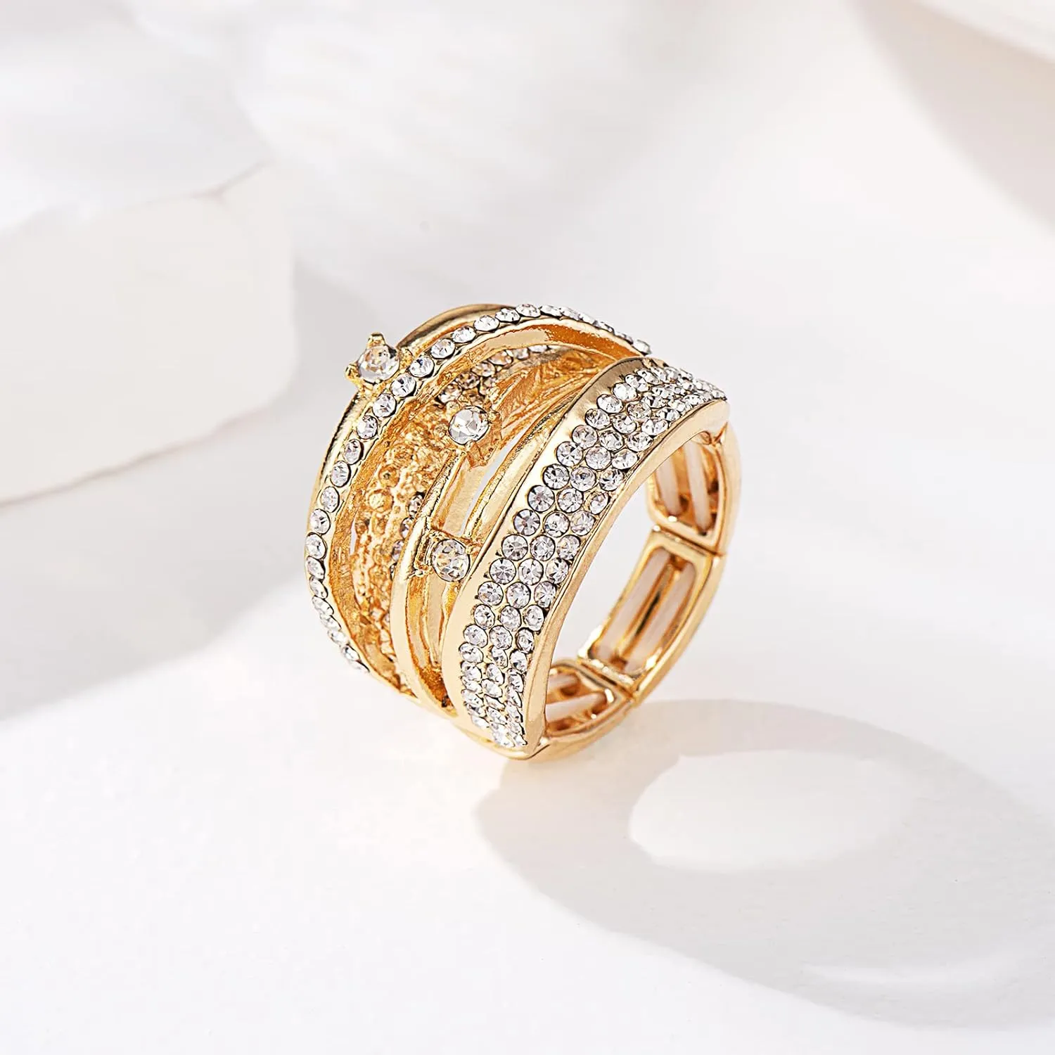Luxurious Fashion Silver/Gold/Gun Black Plated Rhinestone Crystal Elastic Adjustable Stretch Adjustable Costume Cocktail Rings for Women