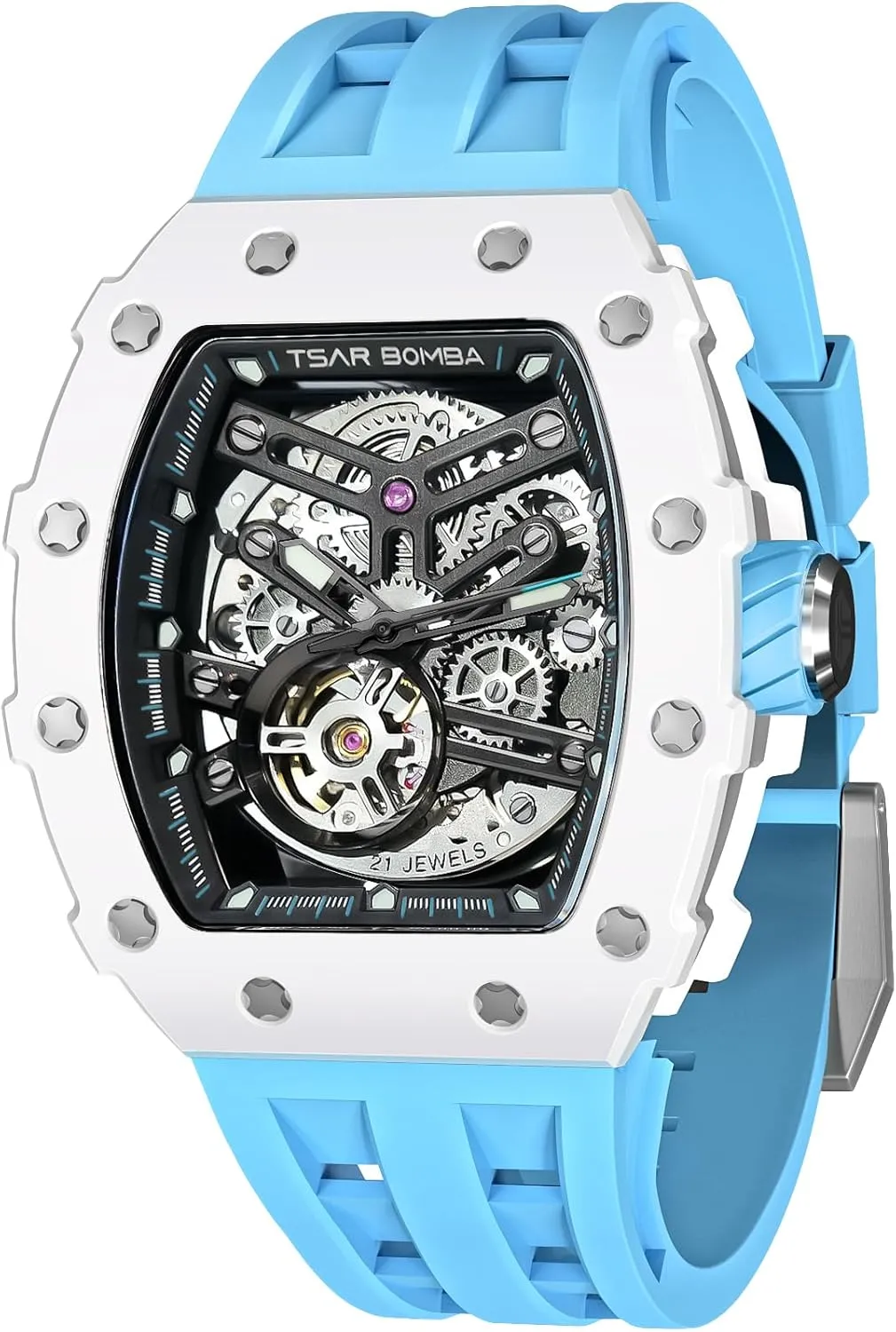 Luxury Automatic Mens Watches Square Wrist Watch Skeleton Tonneau Japanese Movement Silicone/FKM Rubber Watch for Men 50M Waterproof Sapphire Crystal Glass Gift for Men