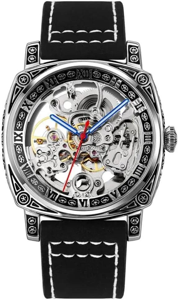 Luxury Leather Strap Mens Automatic Watches Hollow Skeleton Square dial Simple Mechanical Wristwatch Male Waterproof Clock reloj Hombre