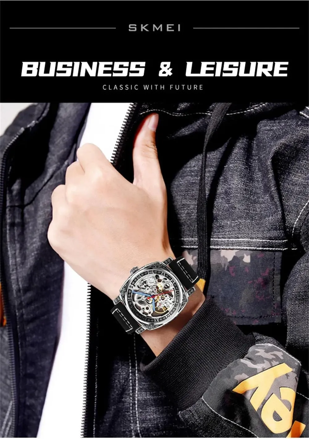 Luxury Leather Strap Mens Automatic Watches Hollow Skeleton Square dial Simple Mechanical Wristwatch Male Waterproof Clock reloj Hombre