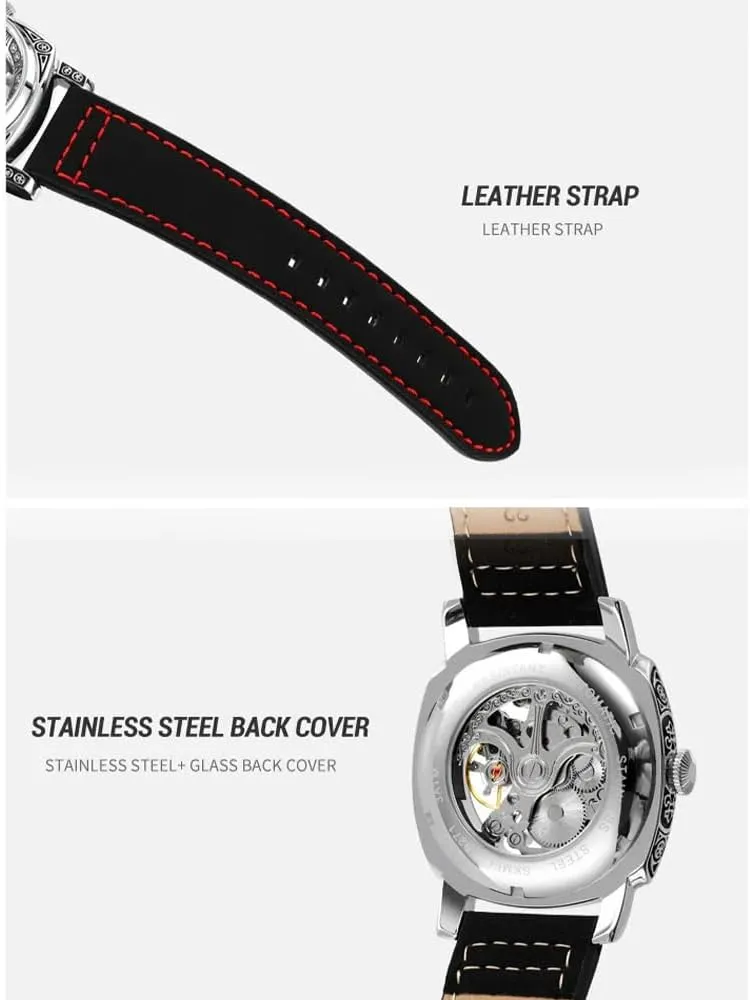 Luxury Leather Strap Mens Automatic Watches Hollow Skeleton Square dial Simple Mechanical Wristwatch Male Waterproof Clock reloj Hombre