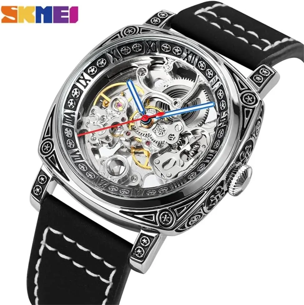 Luxury Leather Strap Mens Automatic Watches Hollow Skeleton Square dial Simple Mechanical Wristwatch Male Waterproof Clock reloj Hombre