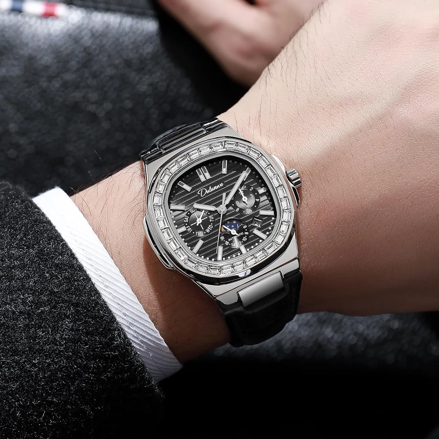 Luxury Rhinestone Diamond Mechanical Men's Watch Stainless Steel/Leather Strap Waterproof Calendar Moon Phase Multifunction Small Dial Men Automatic Watches