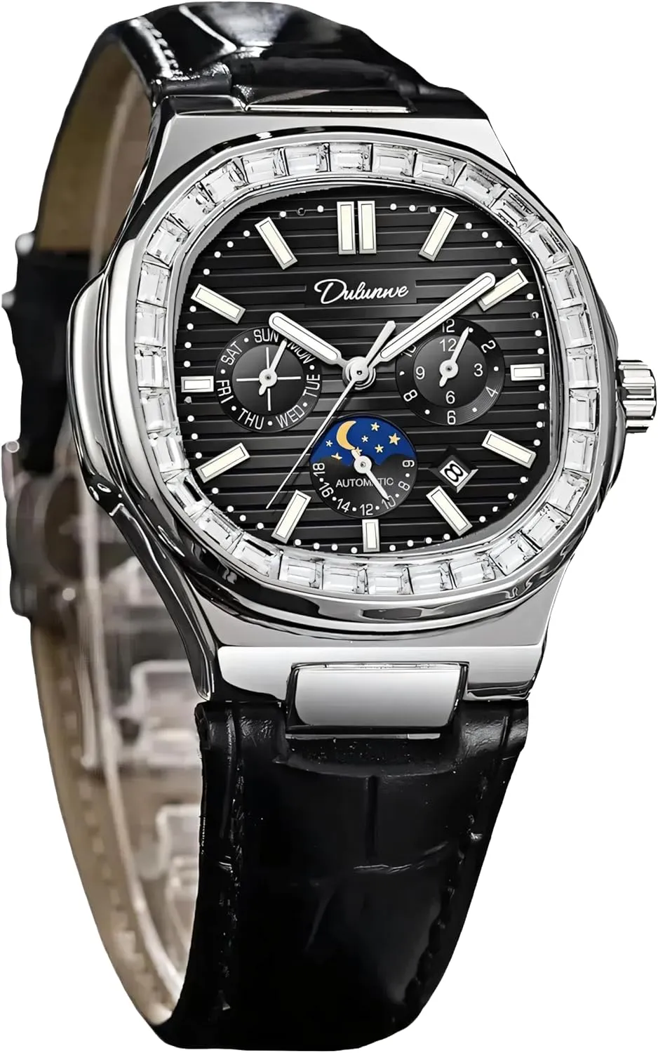 Luxury Rhinestone Diamond Mechanical Men's Watch Stainless Steel/Leather Strap Waterproof Calendar Moon Phase Multifunction Small Dial Men Automatic Watches