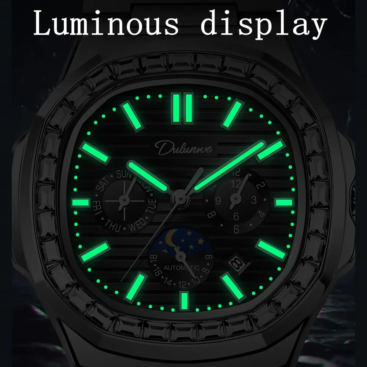 Luxury Rhinestone Diamond Mechanical Men's Watch Stainless Steel/Leather Strap Waterproof Calendar Moon Phase Multifunction Small Dial Men Automatic Watches
