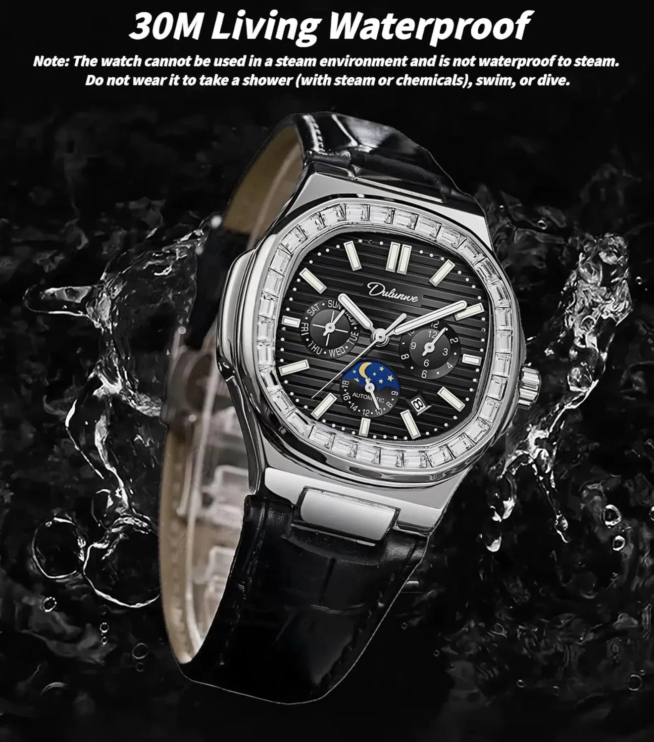 Luxury Rhinestone Diamond Mechanical Men's Watch Stainless Steel/Leather Strap Waterproof Calendar Moon Phase Multifunction Small Dial Men Automatic Watches