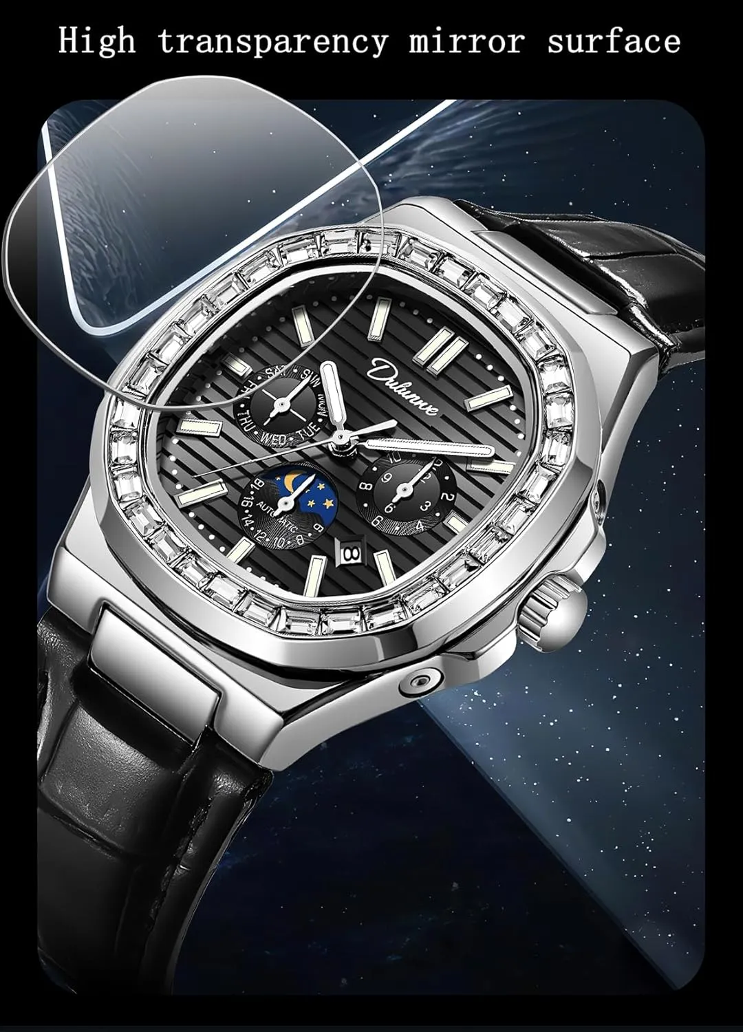 Luxury Rhinestone Diamond Mechanical Men's Watch Stainless Steel/Leather Strap Waterproof Calendar Moon Phase Multifunction Small Dial Men Automatic Watches