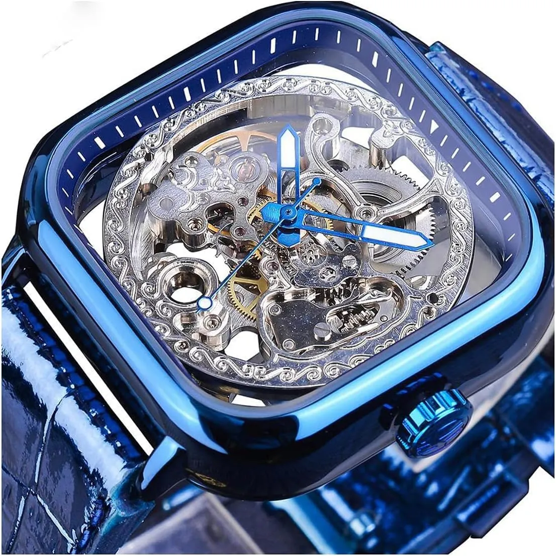 Luxury Square Automatic Watch Young Fashion Bright Genuine Leather Strap and Stainless Steel Skeleton Watches