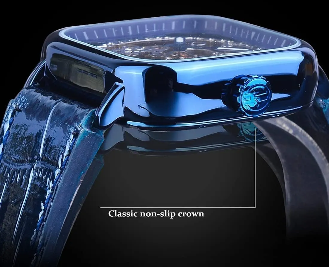 Luxury Square Automatic Watch Young Fashion Bright Genuine Leather Strap and Stainless Steel Skeleton Watches