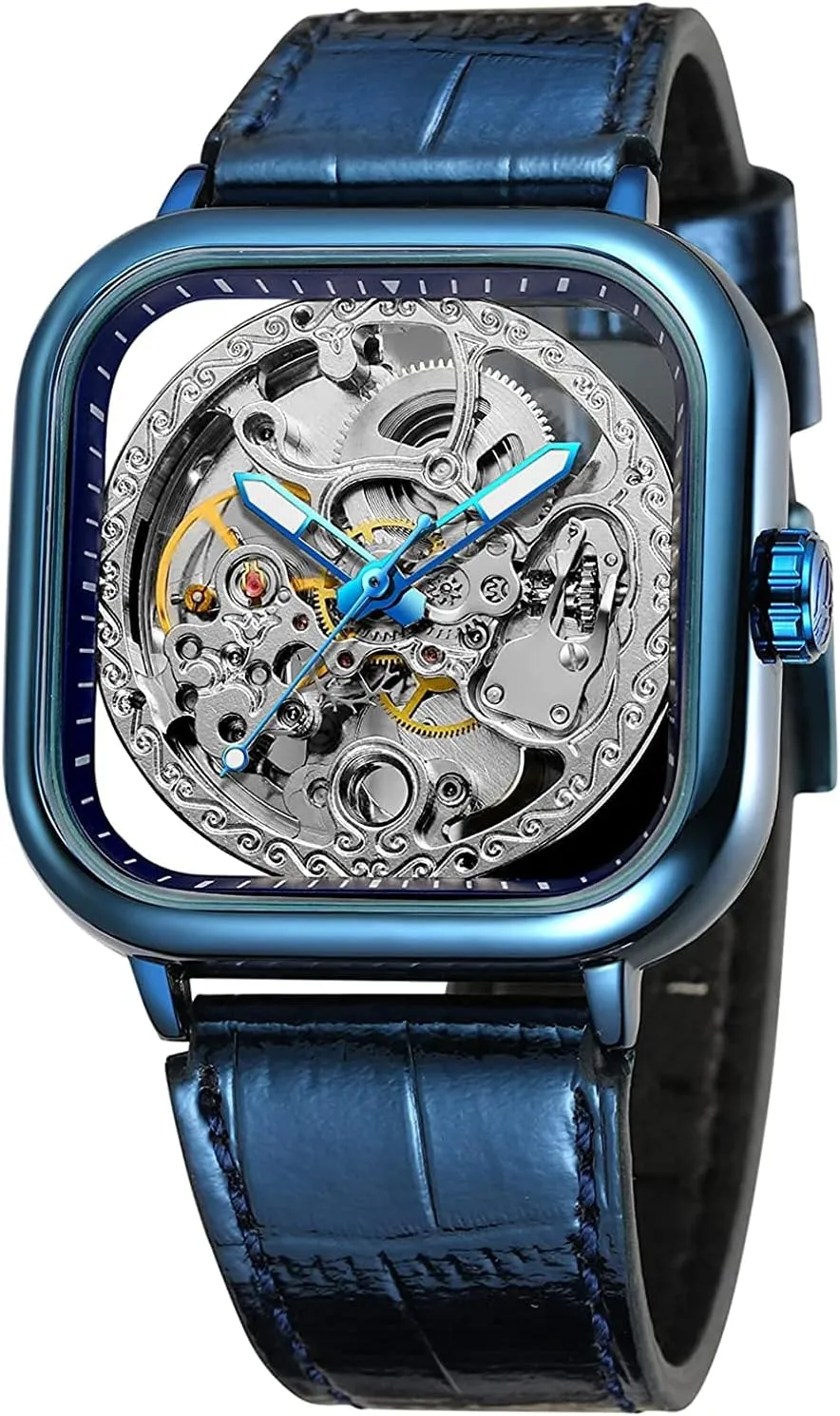 Luxury Square Automatic Watch Young Fashion Bright Genuine Leather Strap and Stainless Steel Skeleton Watches