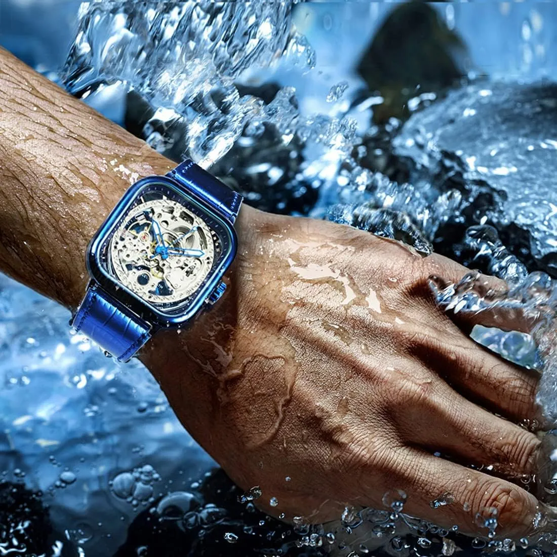 Luxury Square Automatic Watch Young Fashion Bright Genuine Leather Strap and Stainless Steel Skeleton Watches