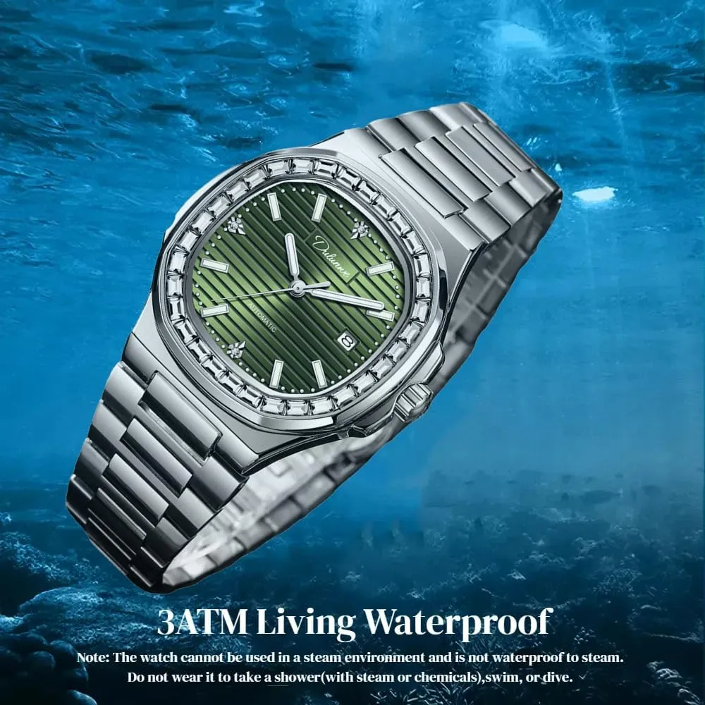 Luxury Square Watches for Men Waterproof Luminous Calendar Fully Automatic Mechanical Watch Stainless Steel Fashion Rhinestone Inlay Men's Wriatwatch