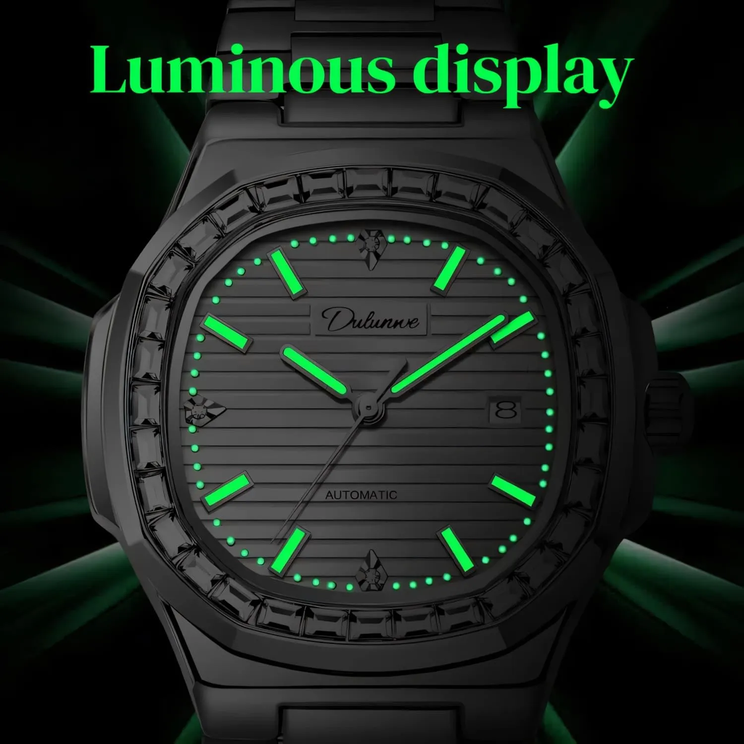 Luxury Square Watches for Men Waterproof Luminous Calendar Fully Automatic Mechanical Watch Stainless Steel Fashion Rhinestone Inlay Men's Wriatwatch