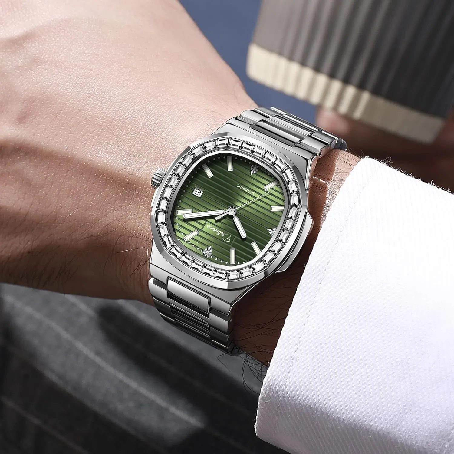 Luxury Square Watches for Men Waterproof Luminous Calendar Fully Automatic Mechanical Watch Stainless Steel Fashion Rhinestone Inlay Men's Wriatwatch