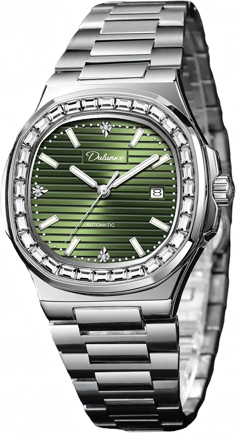 Luxury Square Watches for Men Waterproof Luminous Calendar Fully Automatic Mechanical Watch Stainless Steel Fashion Rhinestone Inlay Men's Wriatwatch