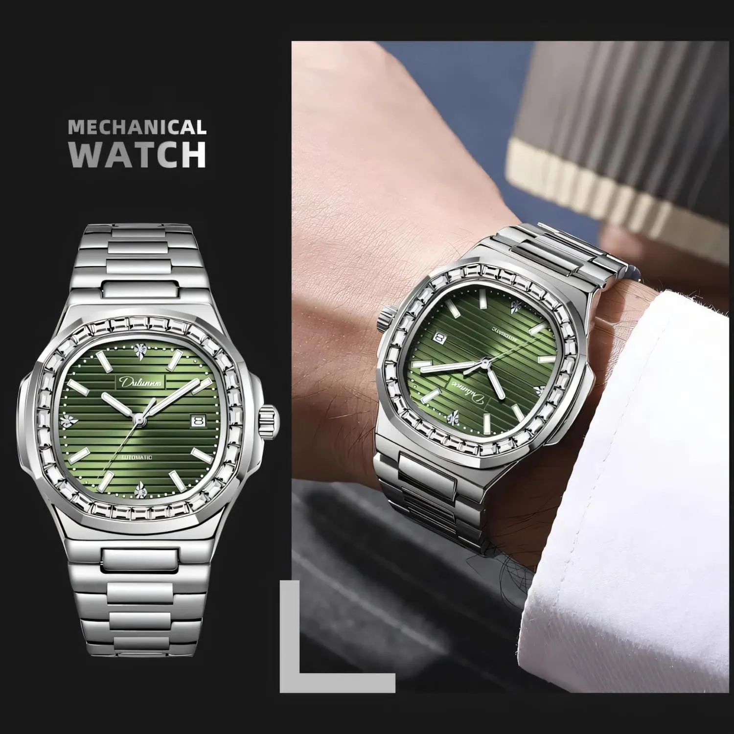 Luxury Square Watches for Men Waterproof Luminous Calendar Fully Automatic Mechanical Watch Stainless Steel Fashion Rhinestone Inlay Men's Wriatwatch