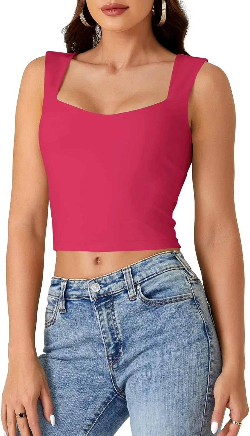 LYANER Women's Summer Crop Tops Square Neck Sleeveless Tank Top Sexy Cropped Cami Shirts