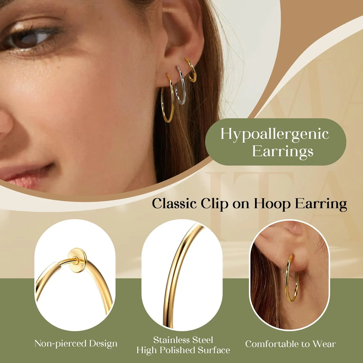 Magitaco 8 Pairs Clip On Hoop Earrings Stainless Steel Clip On Earrings for Women Fake Hoop Earring Spring Hoop Earring For Non-Pierced Ears