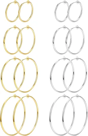 Magitaco 8 Pairs Clip On Hoop Earrings Stainless Steel Clip On Earrings for Women Fake Hoop Earring Spring Hoop Earring For Non-Pierced Ears
