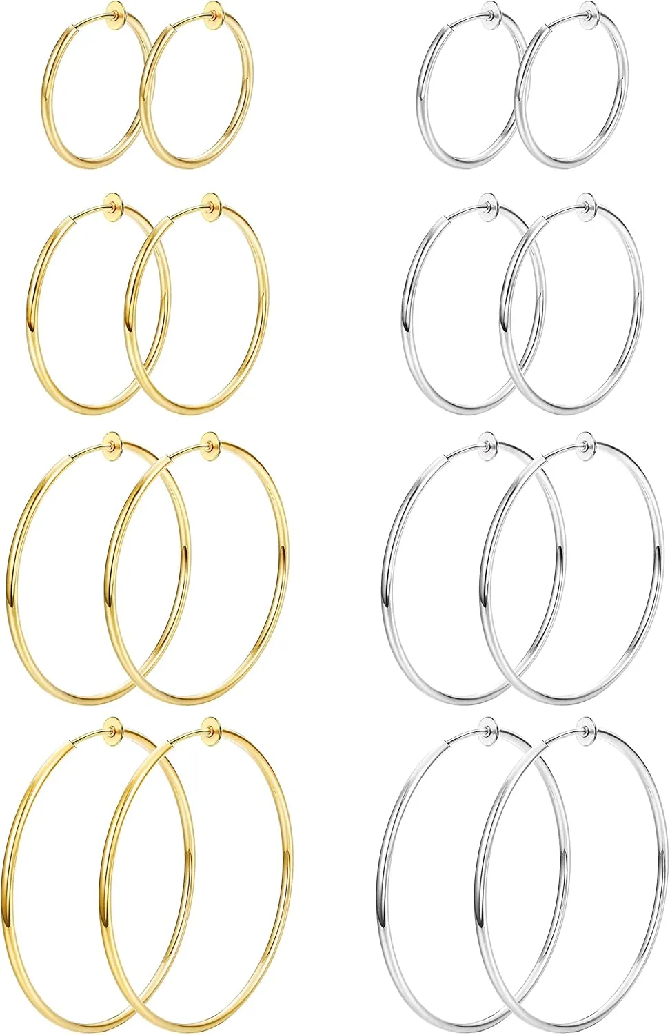 Magitaco 8 Pairs Clip On Hoop Earrings Stainless Steel Clip On Earrings for Women Fake Hoop Earring Spring Hoop Earring For Non-Pierced Ears