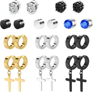 Magnetic Earrings - 15 Pairs Clip On, Non-Pierced, Fake Earrings - Black Cross Hoop Dangle for Men & Women