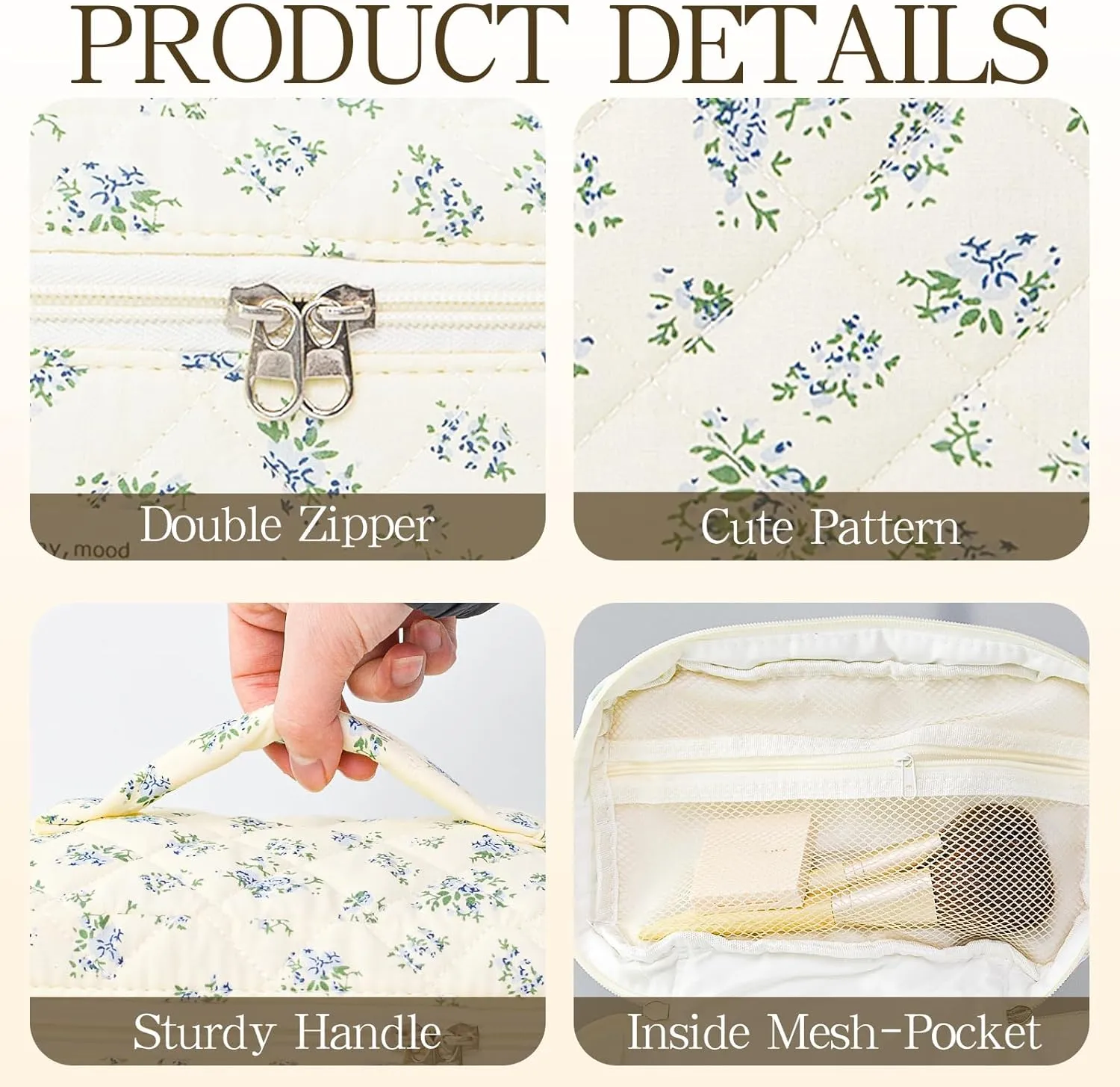 Makeup Bag, 3 PCS Quilted Makeup Bag, Cute Floral Cotton Cosmetic Bag set, Coquette Makeup Pouch Large Travel Toiletry Bag