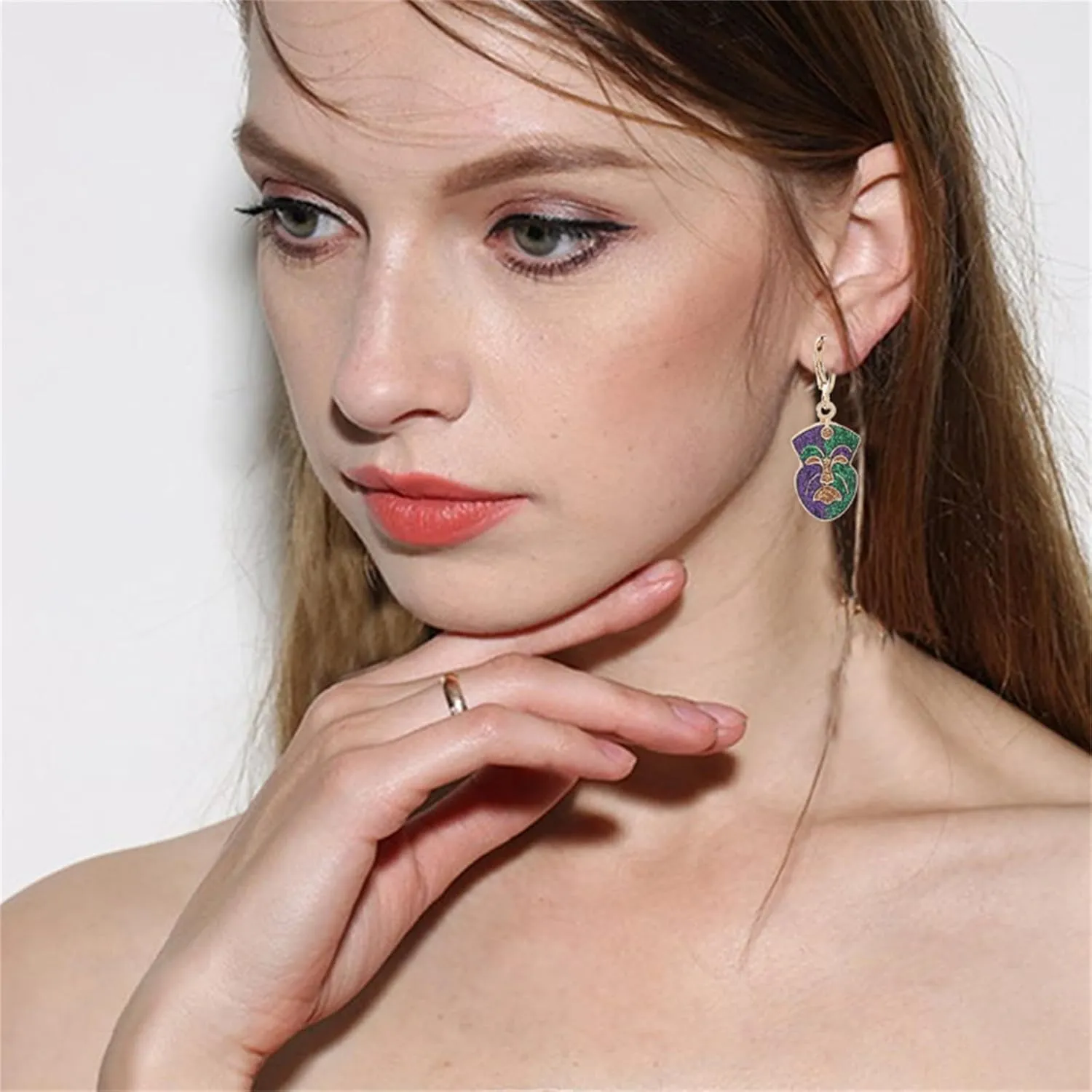 MALOYANVE Mardi Gras Earrings Elegant Alloy Glitter Purple Green Yellow Mask Crown Arrow Lightweight Hoop Earrings Carnival Parade Party Holiday Jewelry for Women