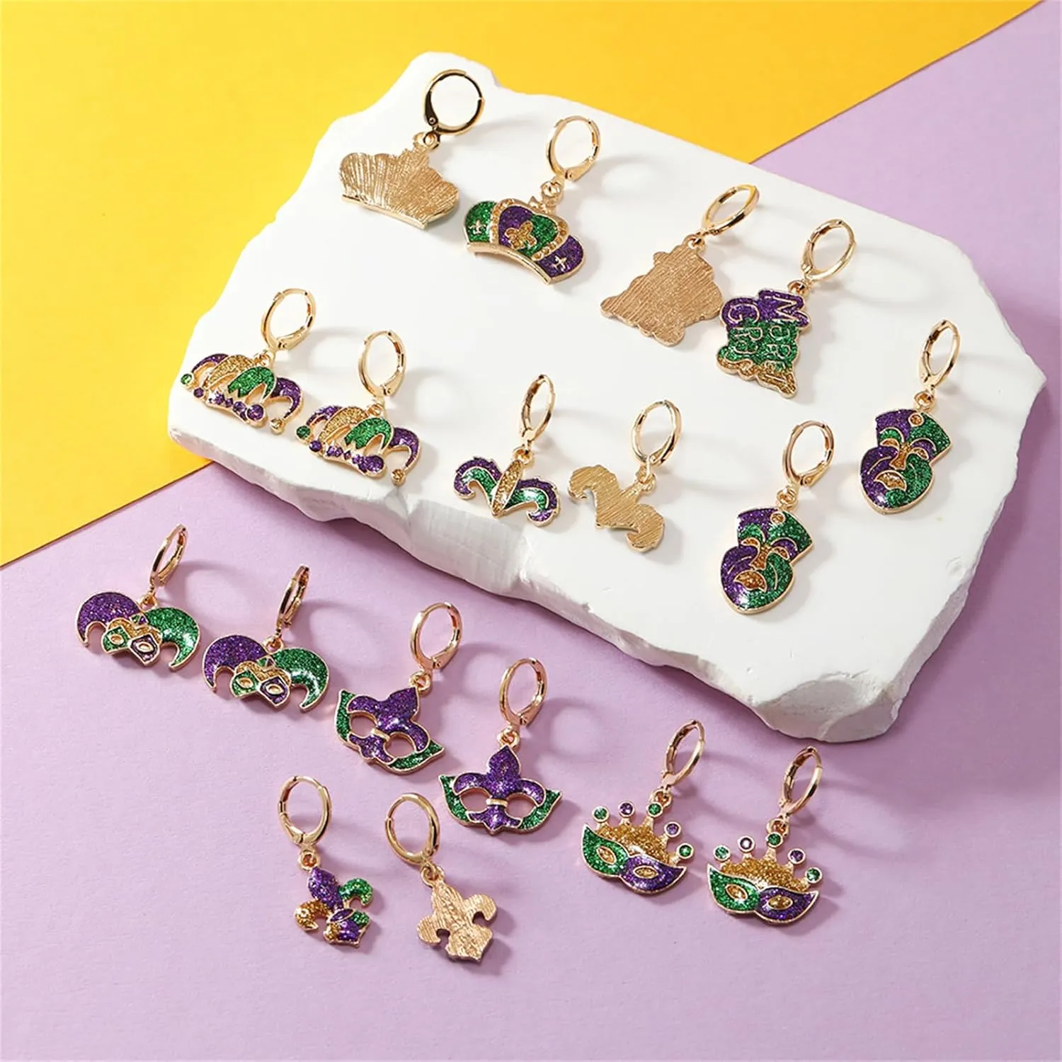 MALOYANVE Mardi Gras Earrings Elegant Alloy Glitter Purple Green Yellow Mask Crown Arrow Lightweight Hoop Earrings Carnival Parade Party Holiday Jewelry for Women