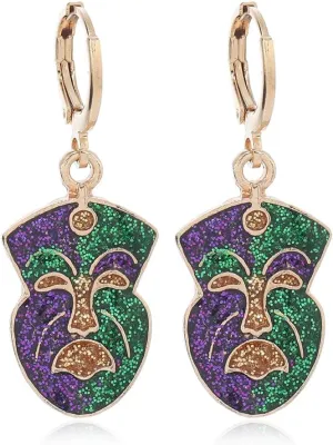MALOYANVE Mardi Gras Earrings Elegant Alloy Glitter Purple Green Yellow Mask Crown Arrow Lightweight Hoop Earrings Carnival Parade Party Holiday Jewelry for Women