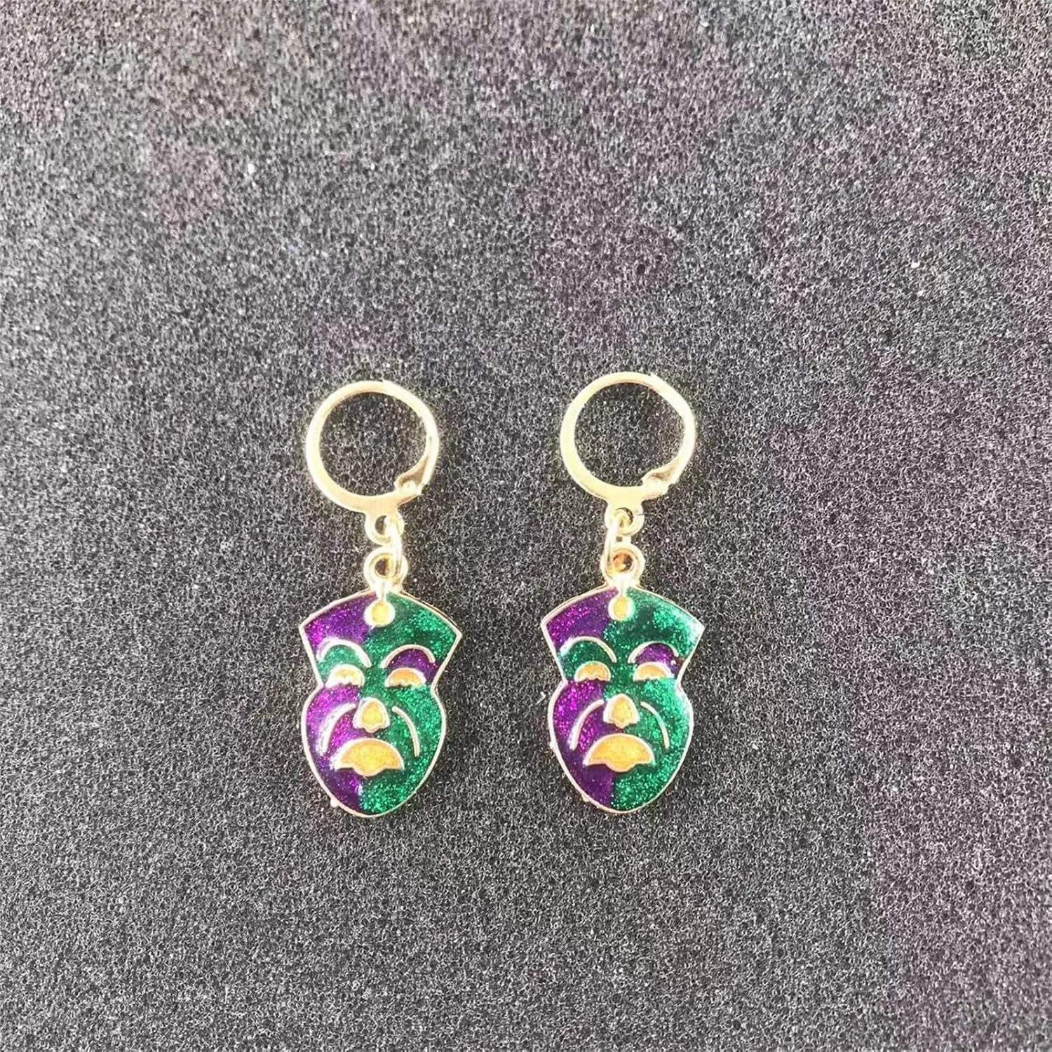 MALOYANVE Mardi Gras Earrings Elegant Alloy Glitter Purple Green Yellow Mask Crown Arrow Lightweight Hoop Earrings Carnival Parade Party Holiday Jewelry for Women