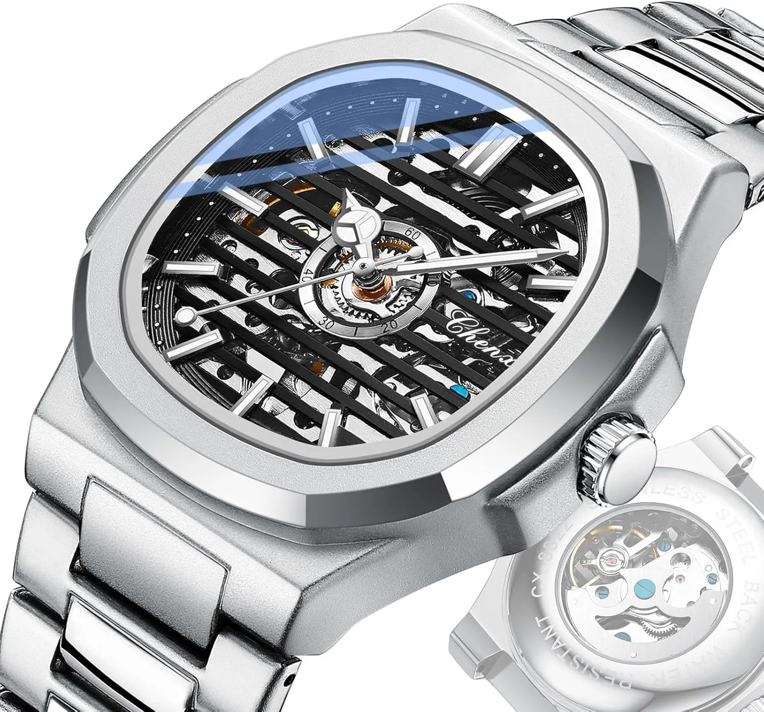 Man Automatic Watches Luxury Stainless Steel Strap Vintage Watch Square Skeleton Watch Waterproof Mechanical Wrist Watch
