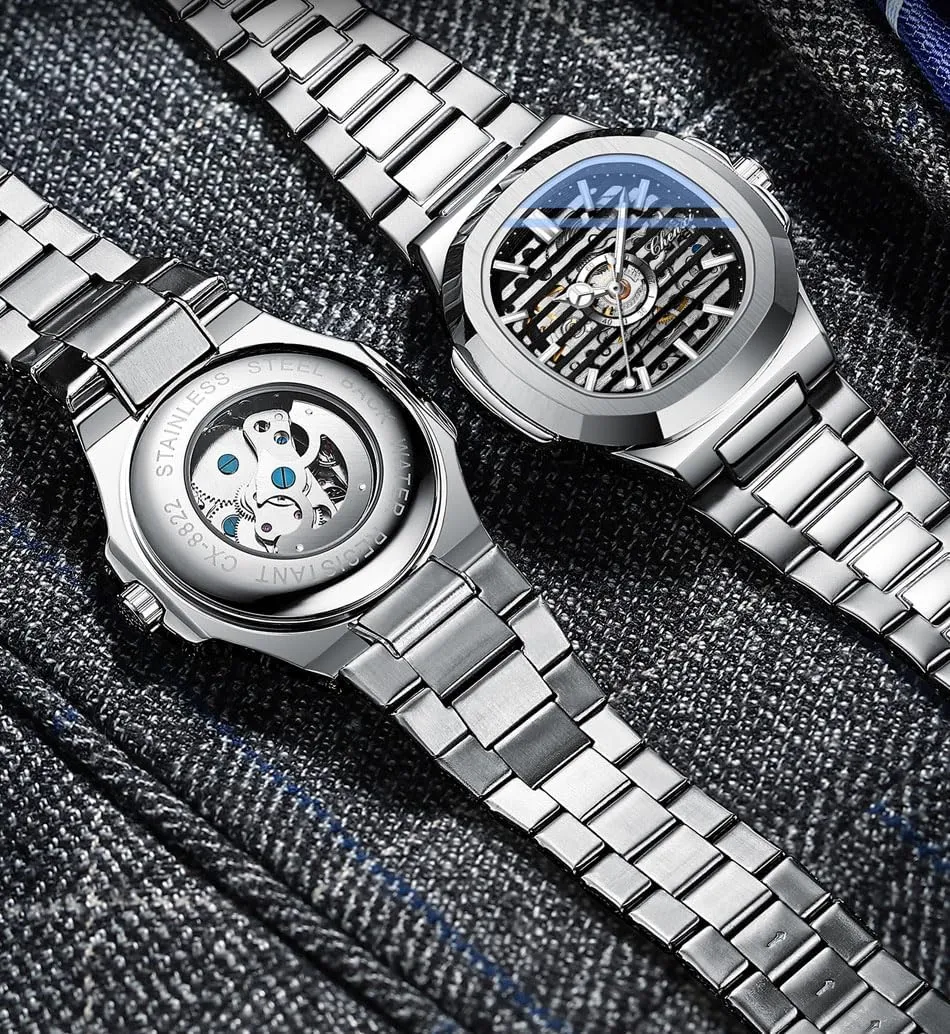 Man Automatic Watches Luxury Stainless Steel Strap Vintage Watch Square Skeleton Watch Waterproof Mechanical Wrist Watch