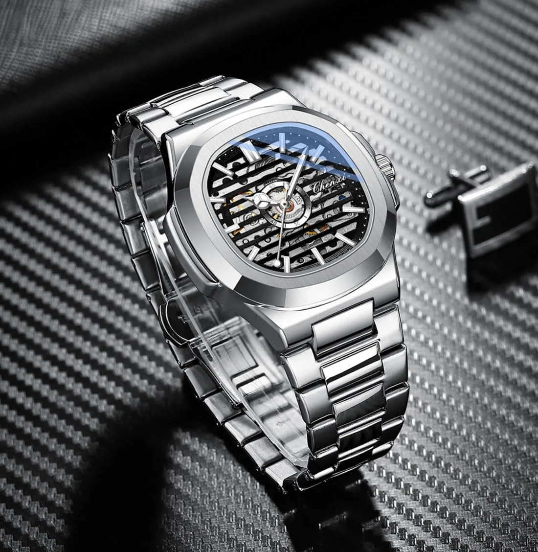 Man Automatic Watches Luxury Stainless Steel Strap Vintage Watch Square Skeleton Watch Waterproof Mechanical Wrist Watch