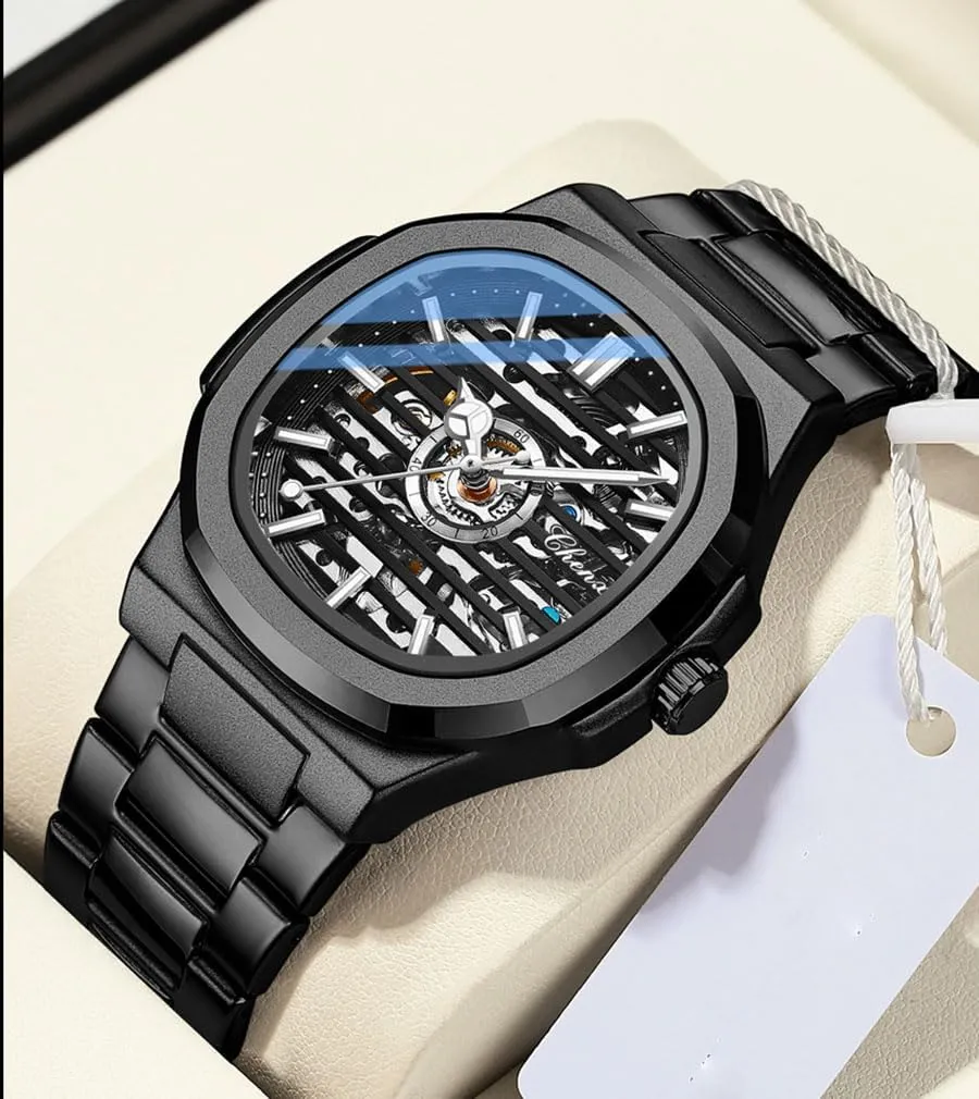 Man Automatic Watches Luxury Stainless Steel Strap Vintage Watch Square Skeleton Watch Waterproof Mechanical Wrist Watch