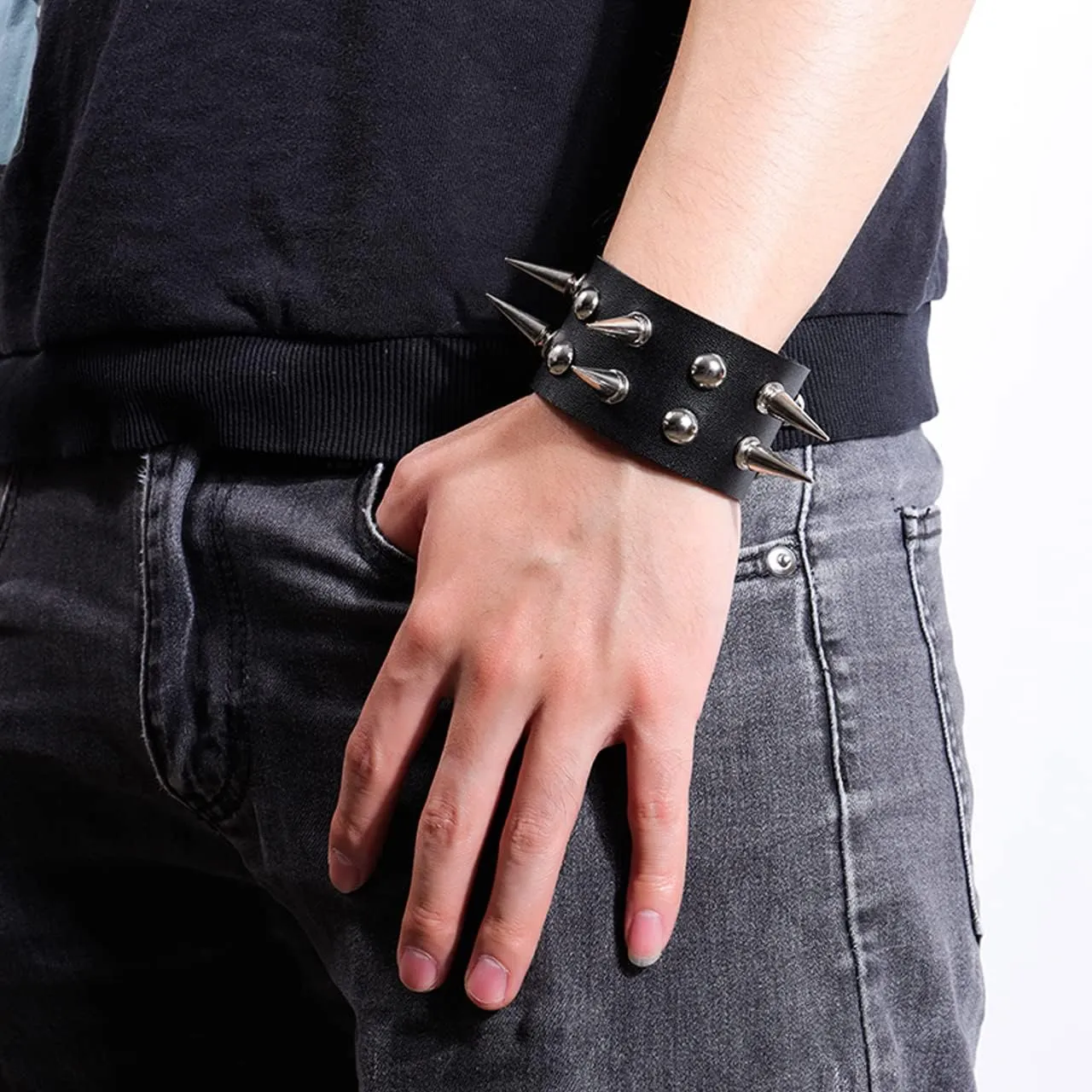 Manfnee Leather Studded Spike Bracelet Choker Punk Gothic Metal Rivet Cuff Bangle Black Wristband