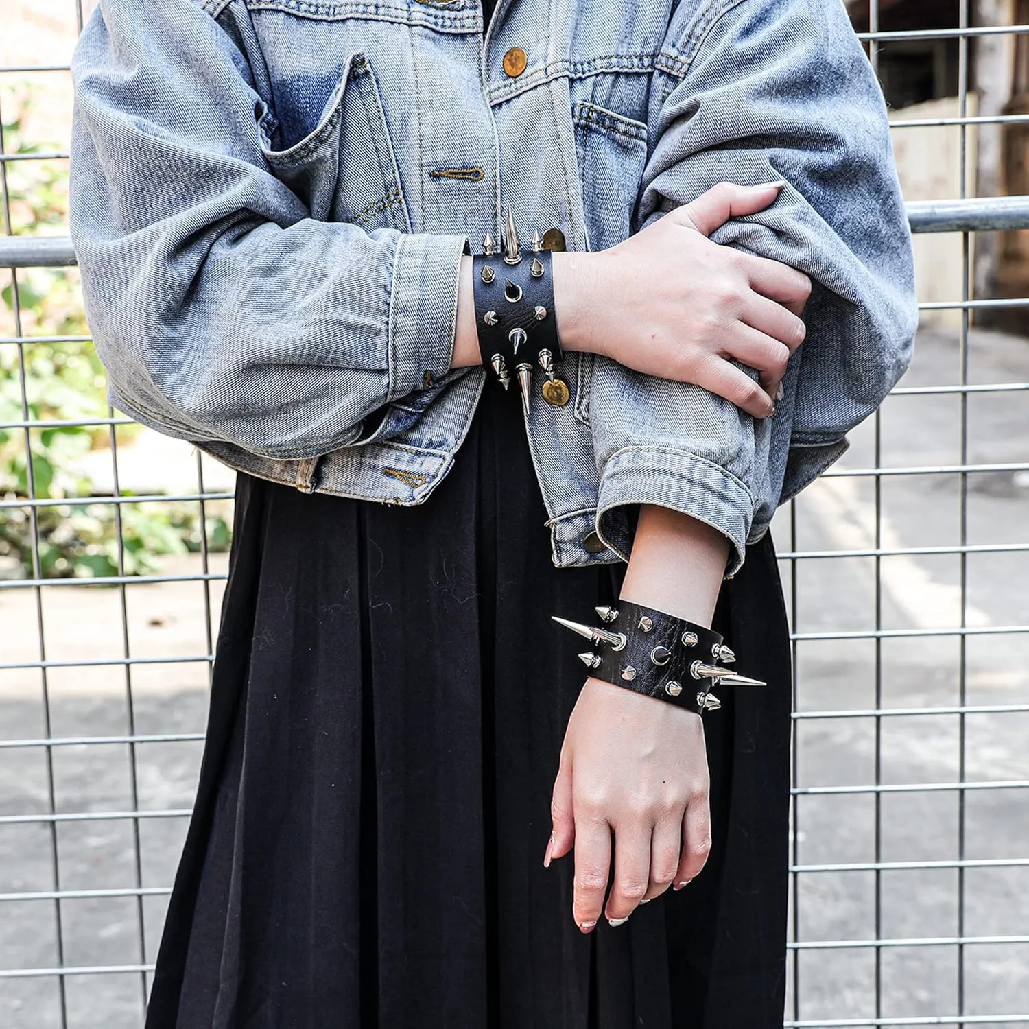 Manfnee Leather Studded Spike Bracelet Choker Punk Gothic Metal Rivet Cuff Bangle Black Wristband