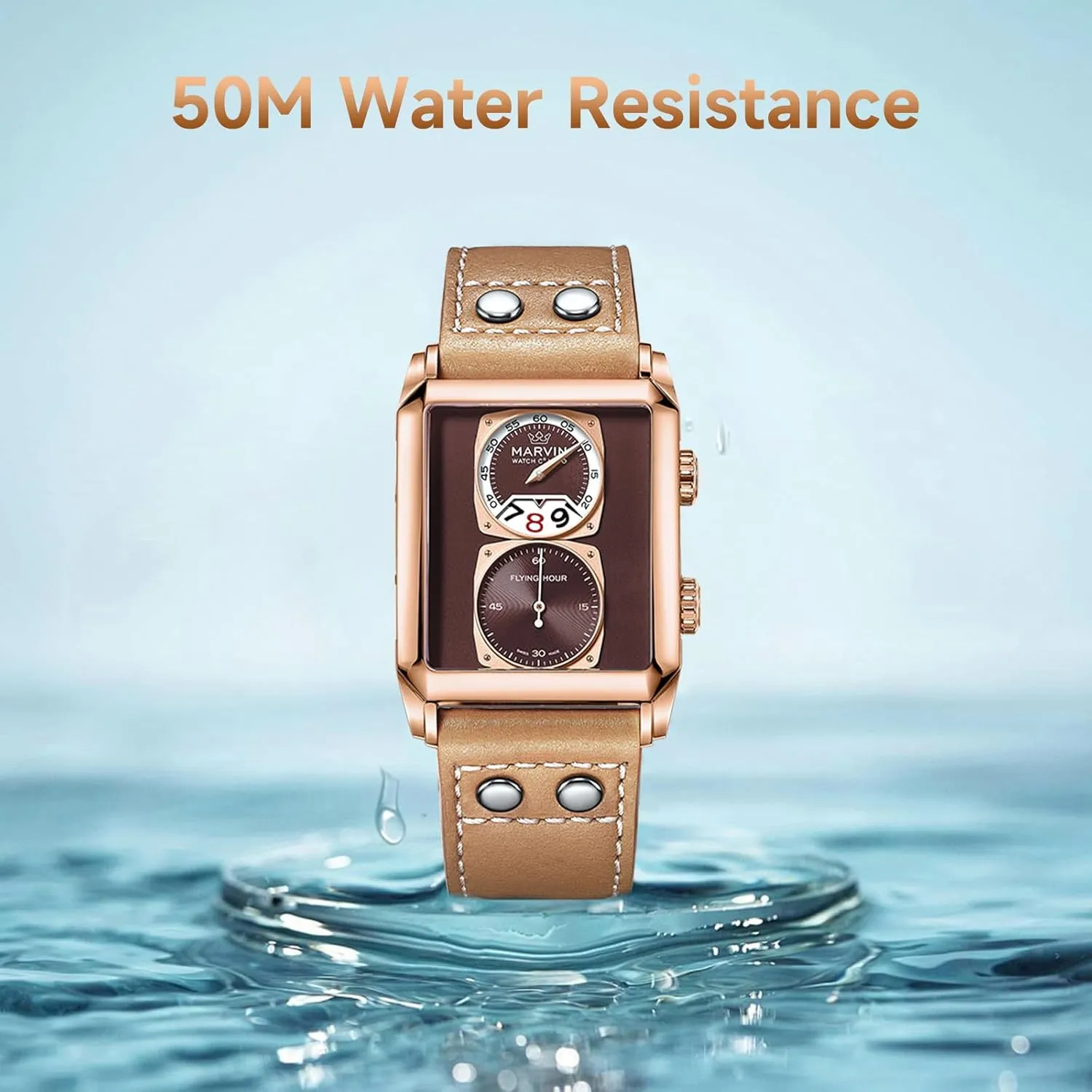 marvin Watches for Men Swiss Mens Watch in Stainless Steel with Leather Strap and Rectangular Sapphire Glass Dial, Quartz Movement, 50M Waterproof