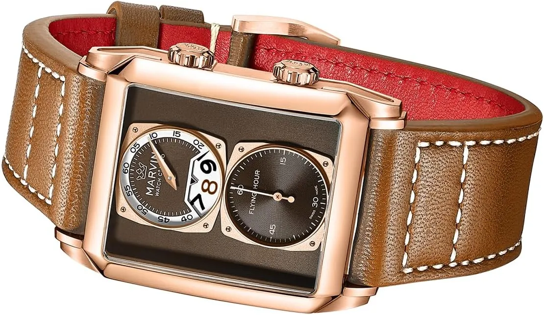 marvin Watches for Men Swiss Mens Watch in Stainless Steel with Leather Strap and Rectangular Sapphire Glass Dial, Quartz Movement, 50M Waterproof